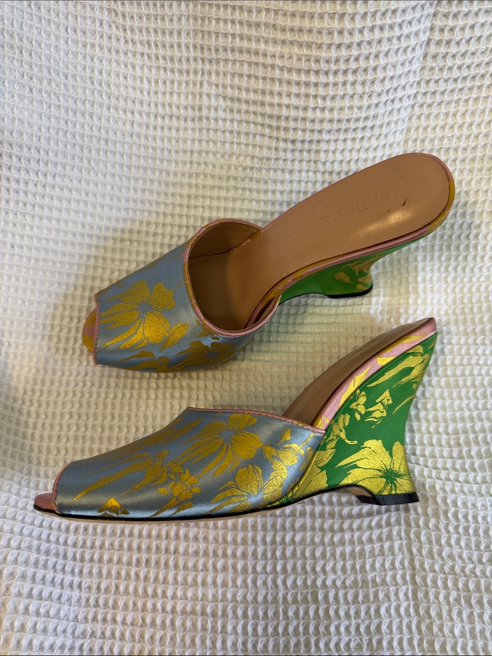 Floral Peep-Toe Wedge Mules in Blue, Green with pink accents - Picture 2 of 6
